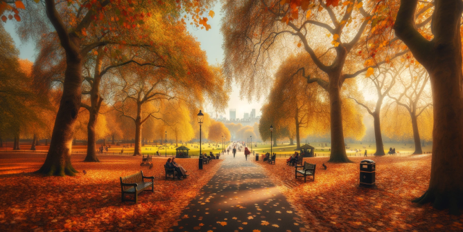 How to move to UK. Autumnal park in London.