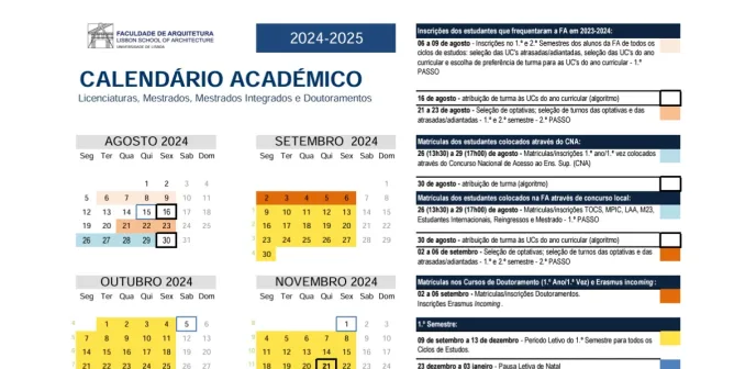 Академический календарь на 2024–2025 учебный год Факультета архитектуры Лиссабонского университета — Faculdade de Arquitetura, Universidade de Lisboa (FA.ULisboa)