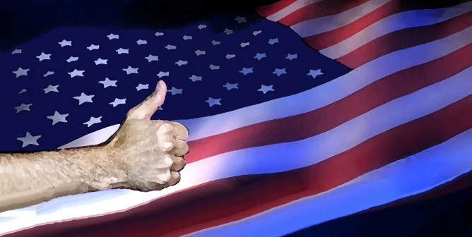 Палец поднятый вверх на фоне флага США